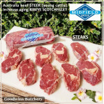 Beef Ribeye AUSTRALIA STEER (young cattle) aged by Goodwins brand Harvey/Midfield frozen steak cuts 1cm 3/8" price/pack 500g 3pcs (Scotch-Fillet / Cube-Roll)